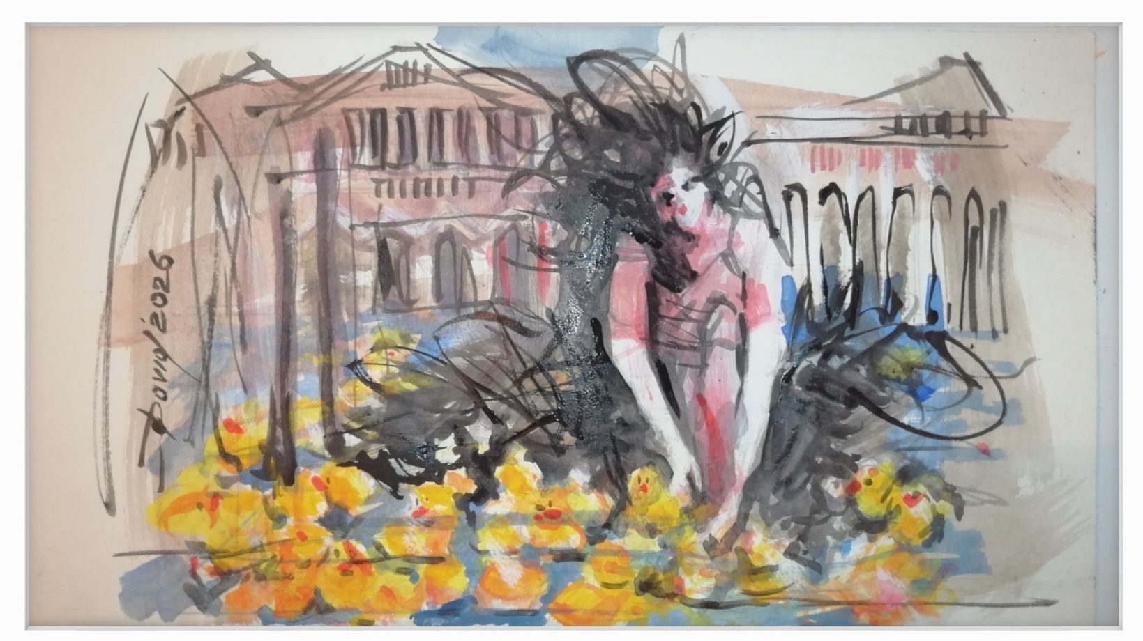 Stadtansicht von Venedig, ein sitzende Mädchen, schwimmende gummienten