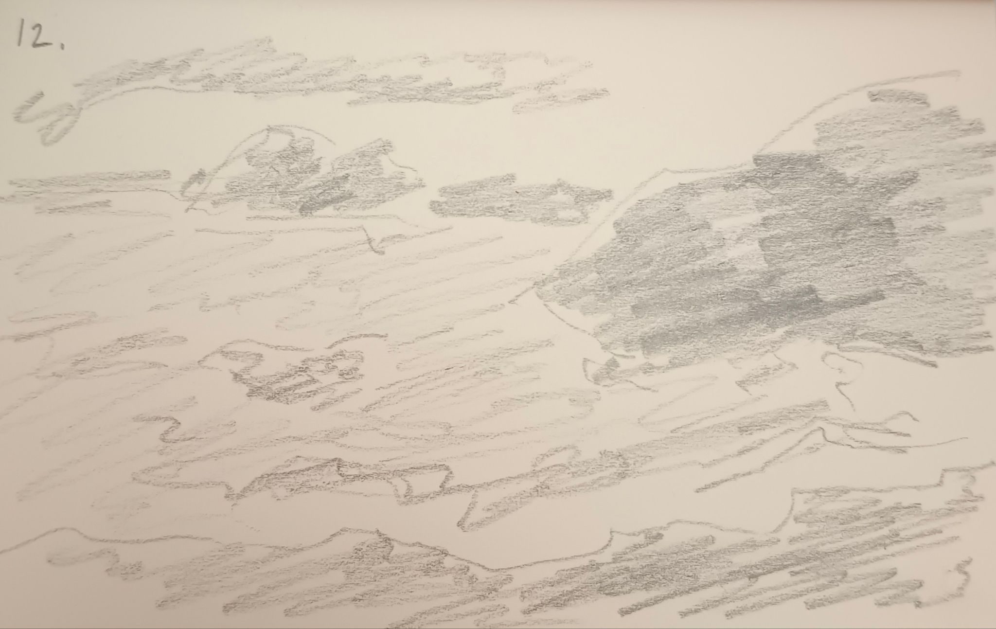 drawing of the ocean, it's waves crashing on the beach and the big rocks by the coast. pencil on paper