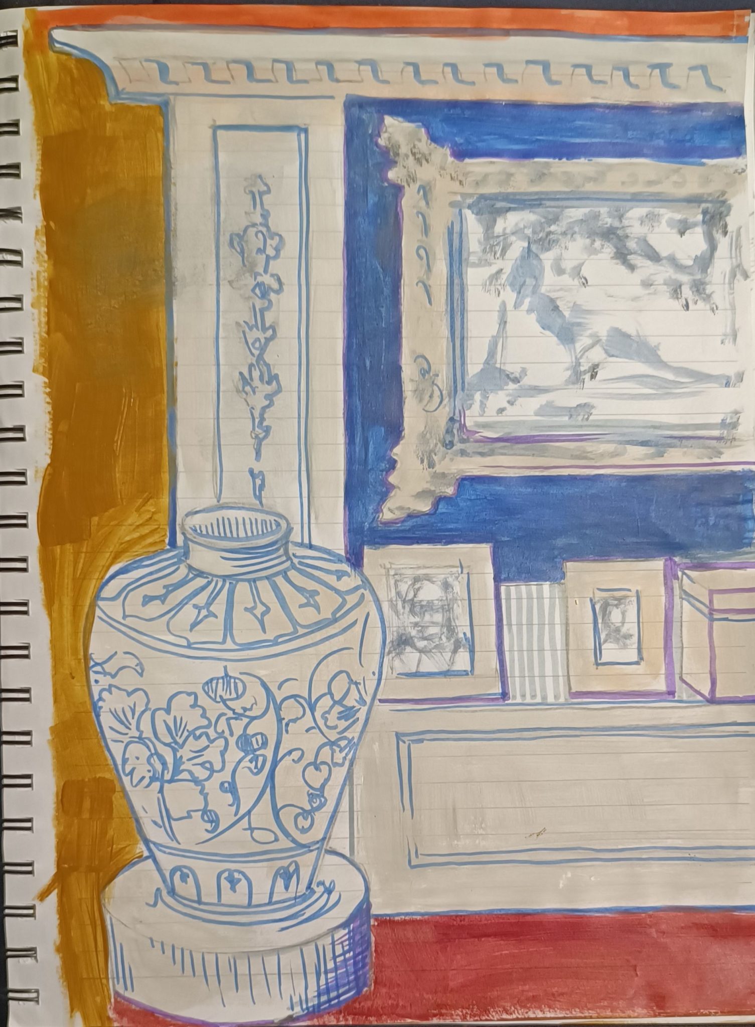 Gouache in yellow ochre, blue, beige & terracotta red on lined white paper - drawing of interior still life of fireplace, Chinese vase and framed pictures