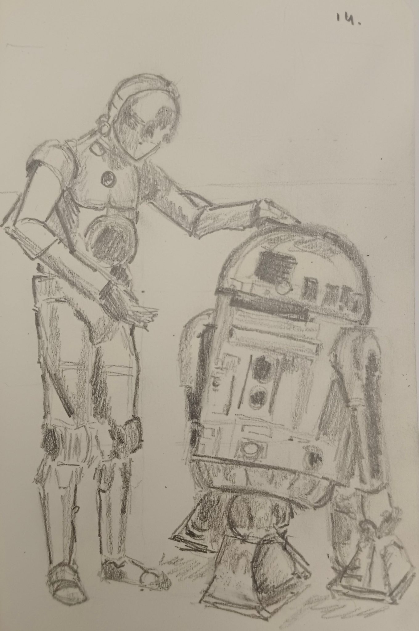 drawing of c3p0 and r2d2 , pencil on paper