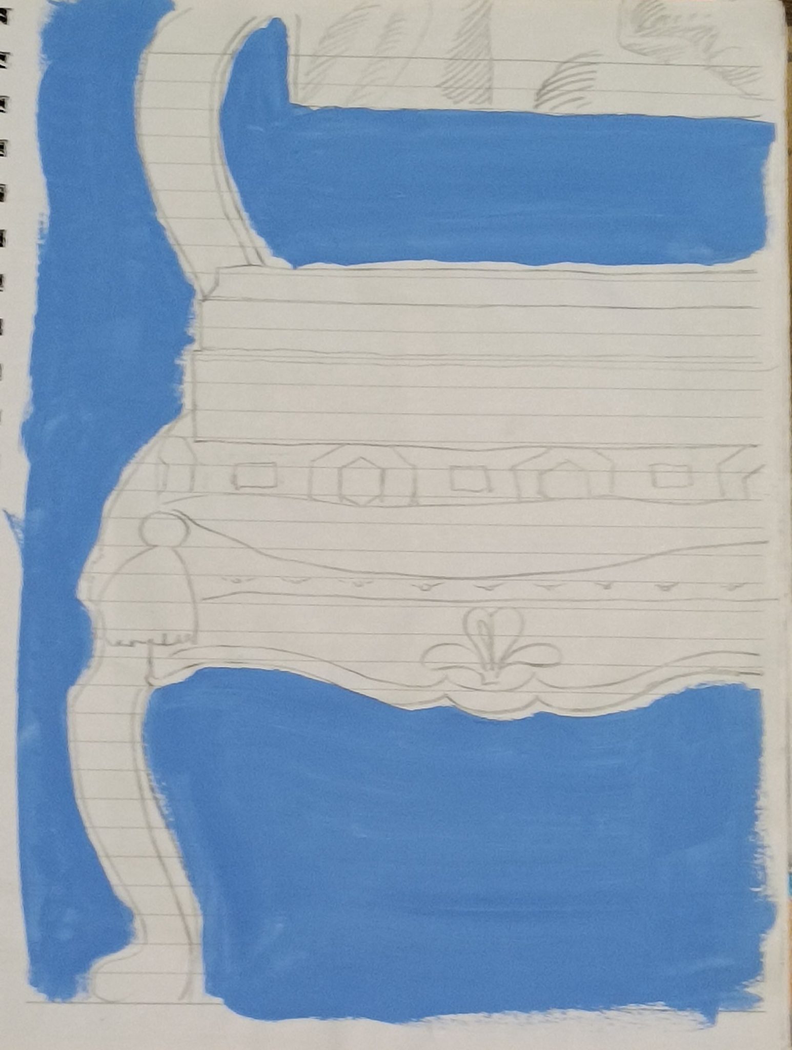 Graphite drawing of chair, cushion & boxes on white lined paper with blue background