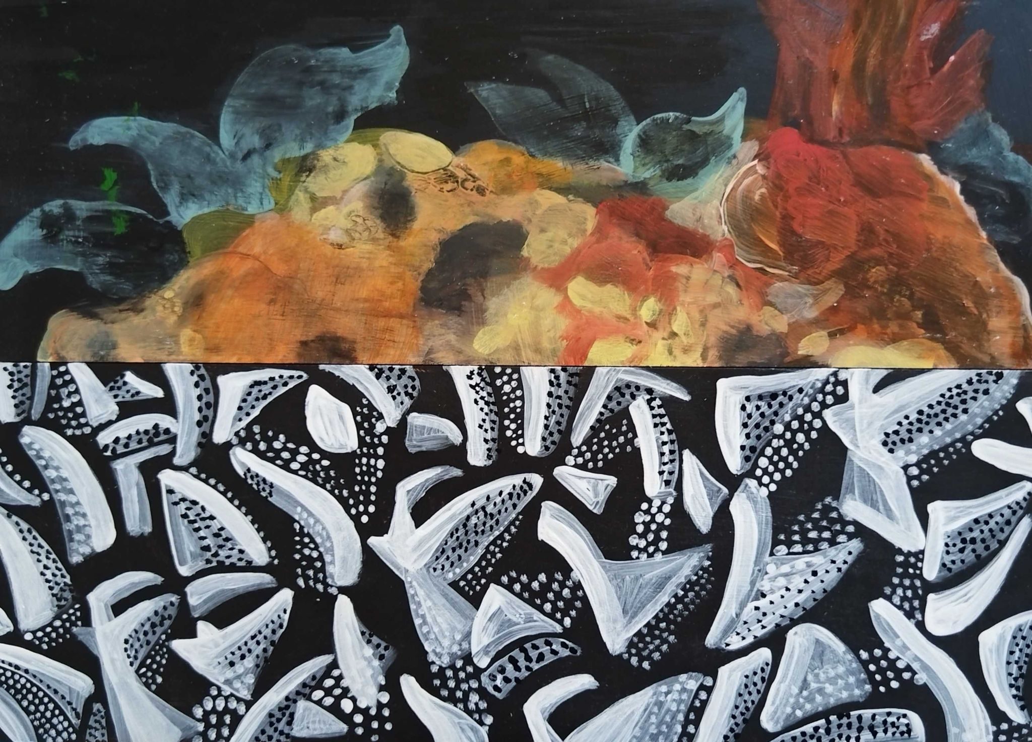 Two small, rectangular paintings on board placed side by side. One is an abstract piece of layered earthy colours on a black background. The one next to it is a black and white abstracted pattern that looks like geometric-shaped birds rendered in dots and stripes.