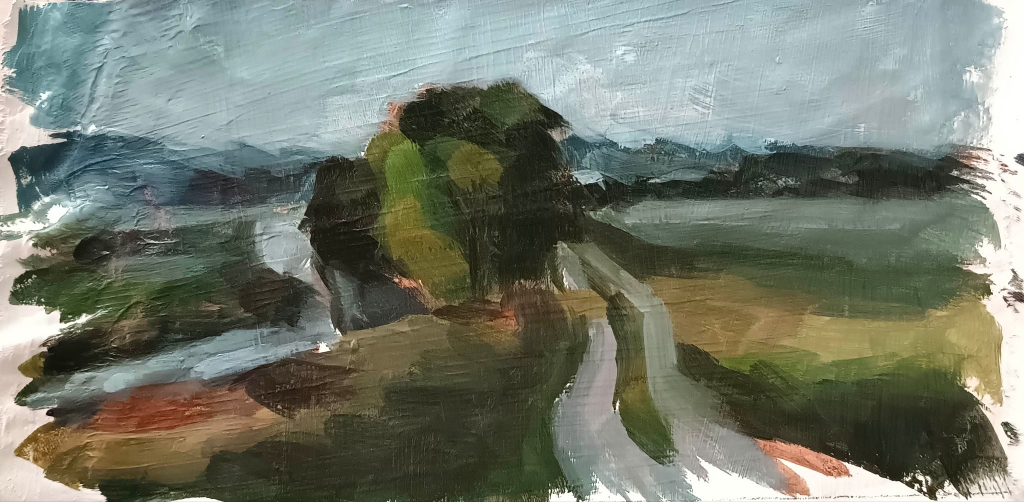 landscape painting, with the path on the right side, little creek on the left with a couple of trees and. behind that all is the forest behind which is a mountain . oil on canvas