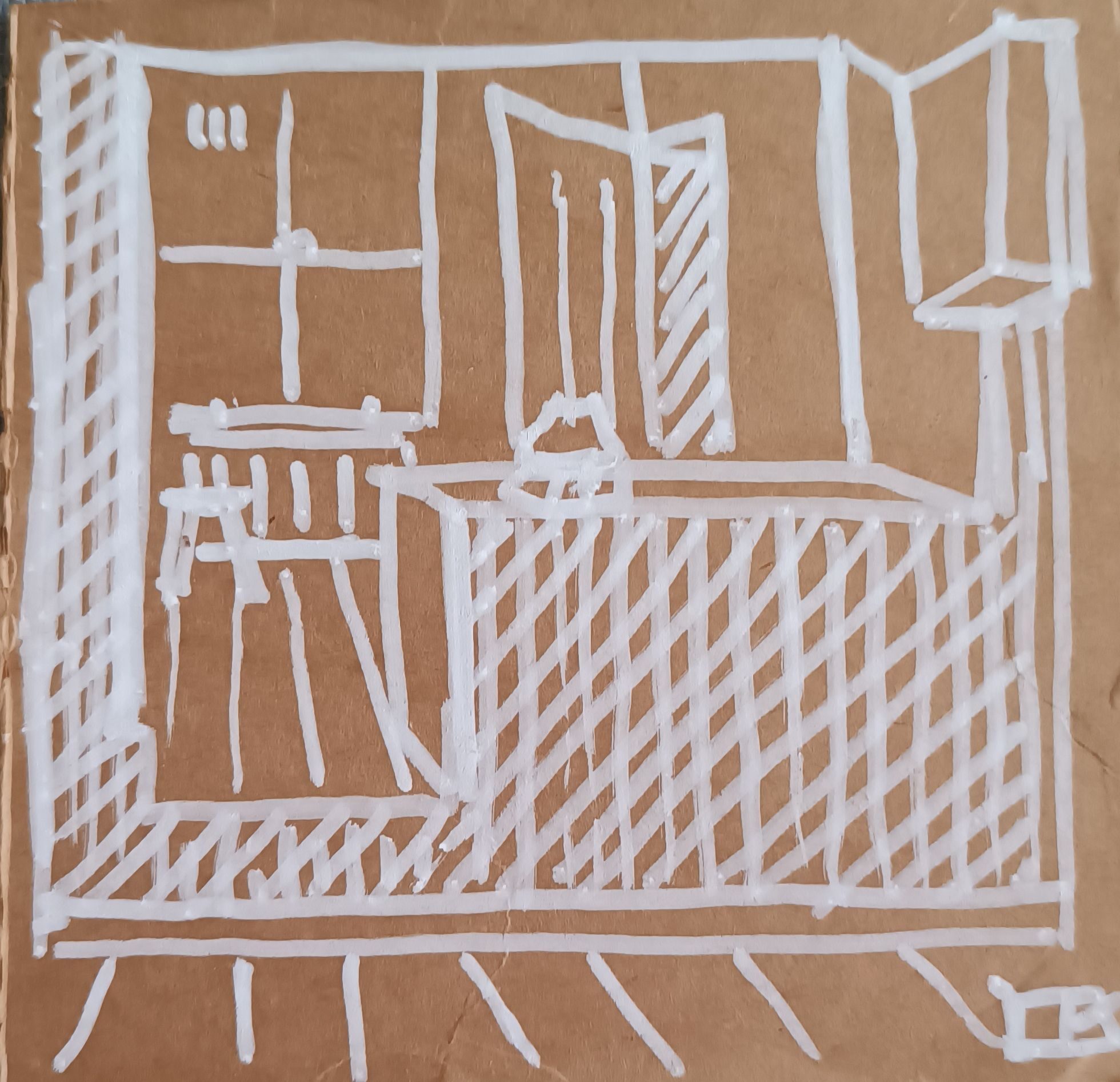 White pen drawing on brown card of interior view of a kitchen with window