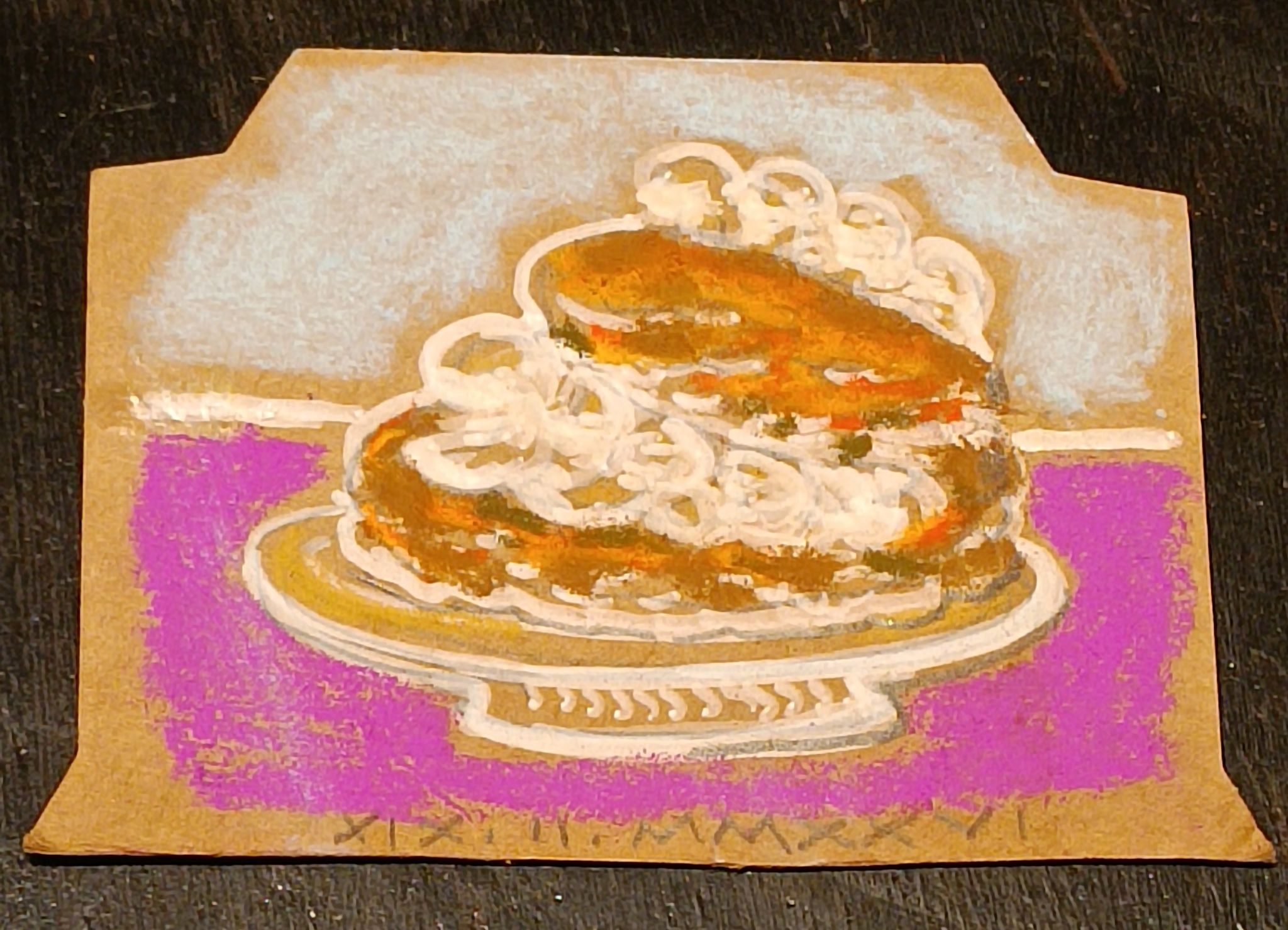 Pastel (fuscia, pale blue and tan) & white pen on brown card drawing of a cream bun on a plate