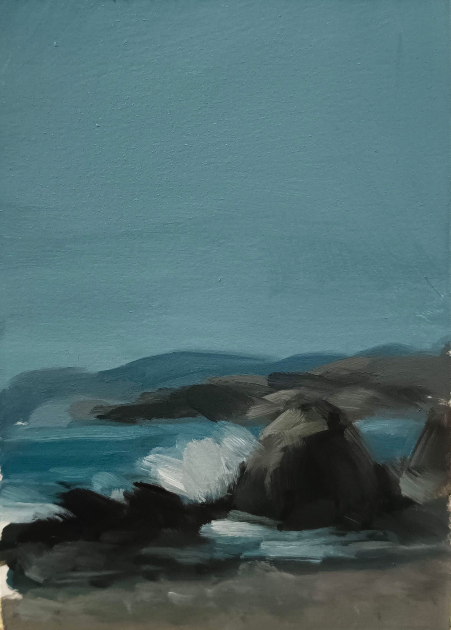 painting of a wave crashing into the rocks on the beach. oil painting