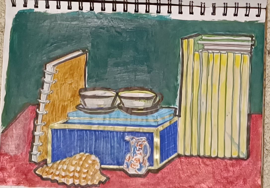 Acrylic paint on white lined paper still life drawing of Journals and crockery