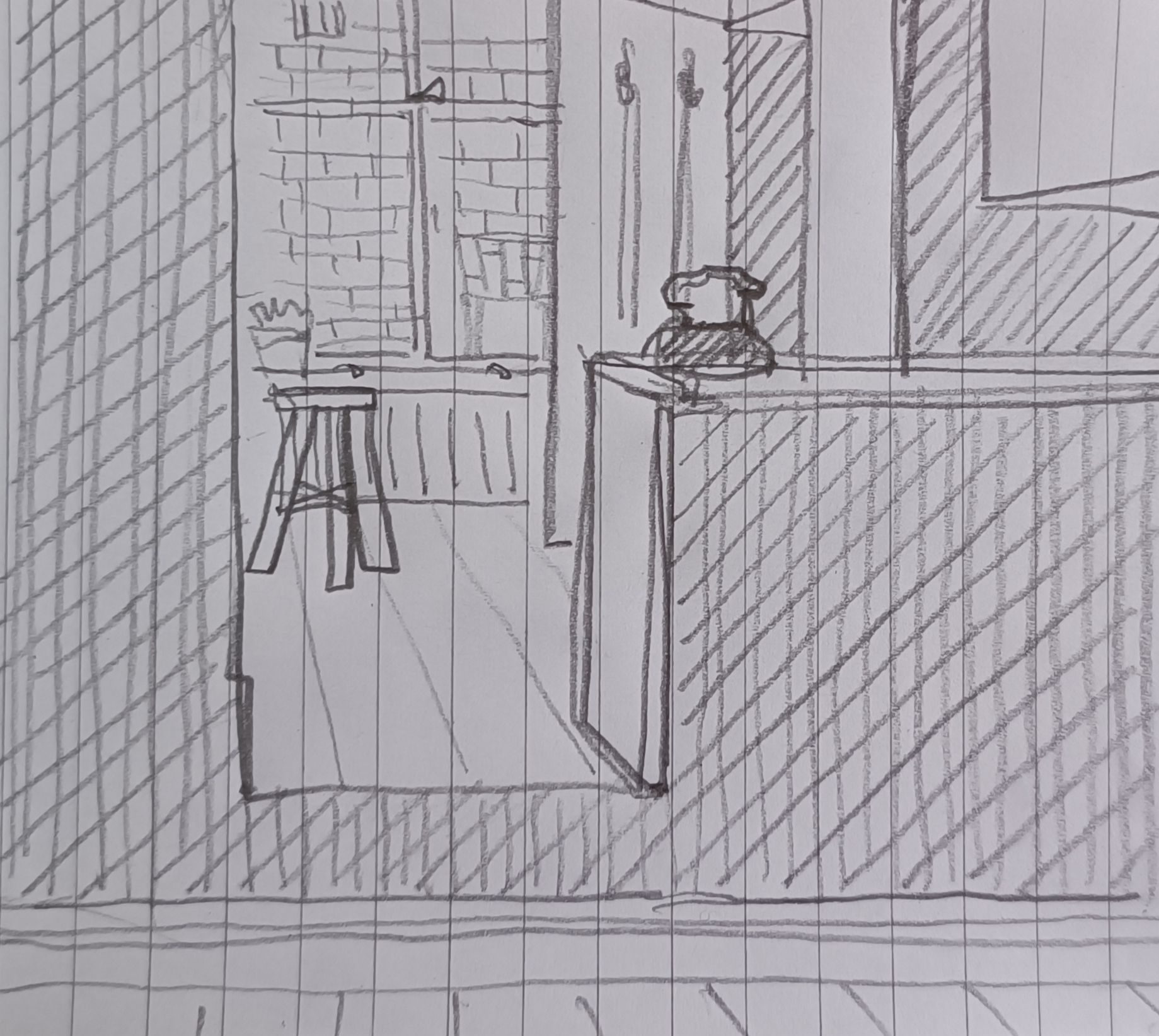 Pencil drawing of the kitchen window on white paper