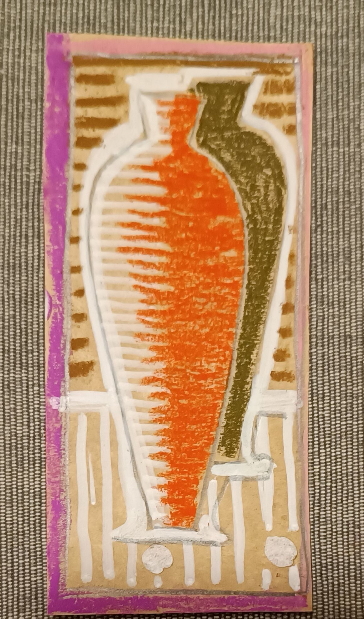 Pastel in fuscia , red, brown, white and graphite drawing on brown card of a vase with shadow on a table