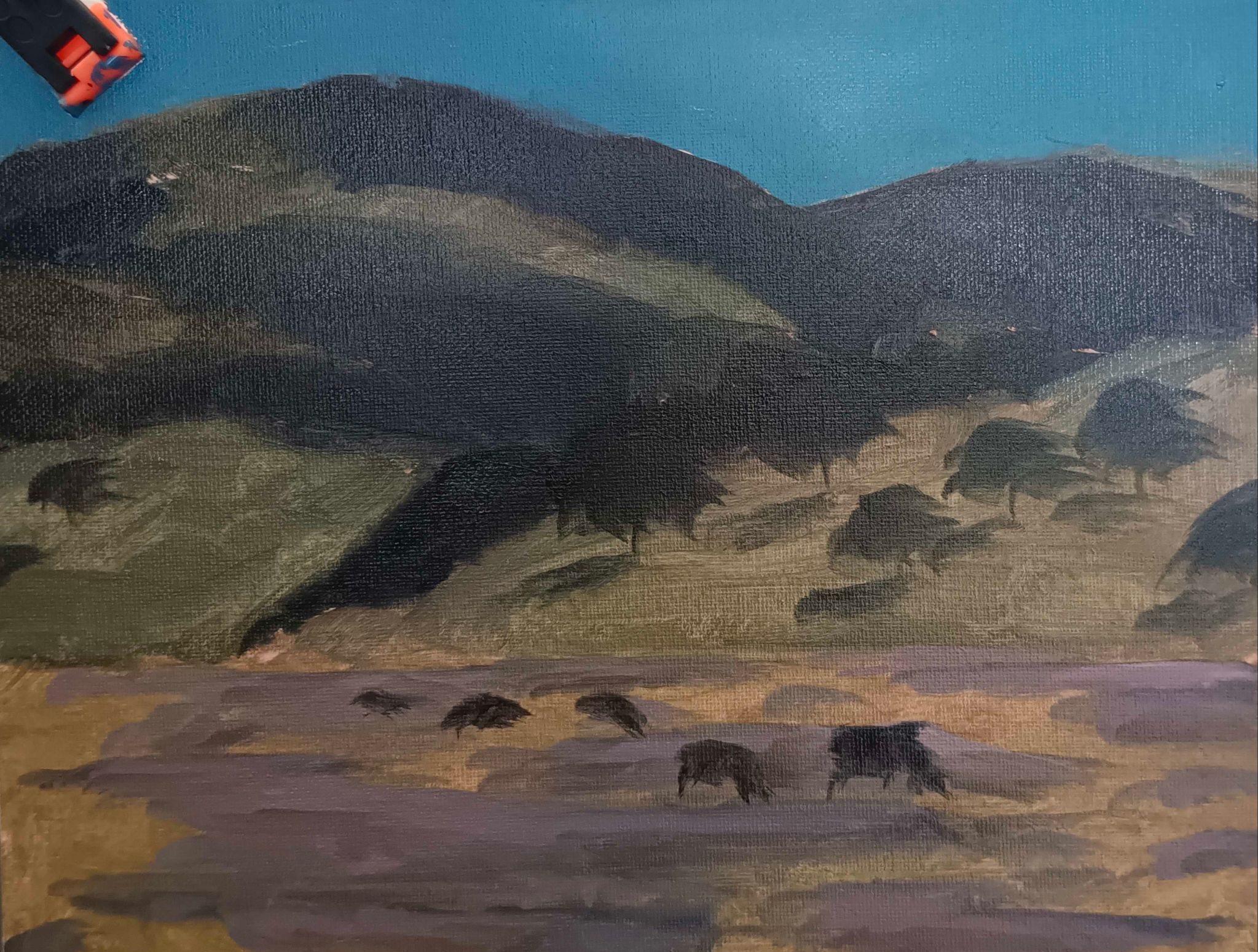 painting of cows on a meadow behind which are the mountains.  oil painting on a canvas board