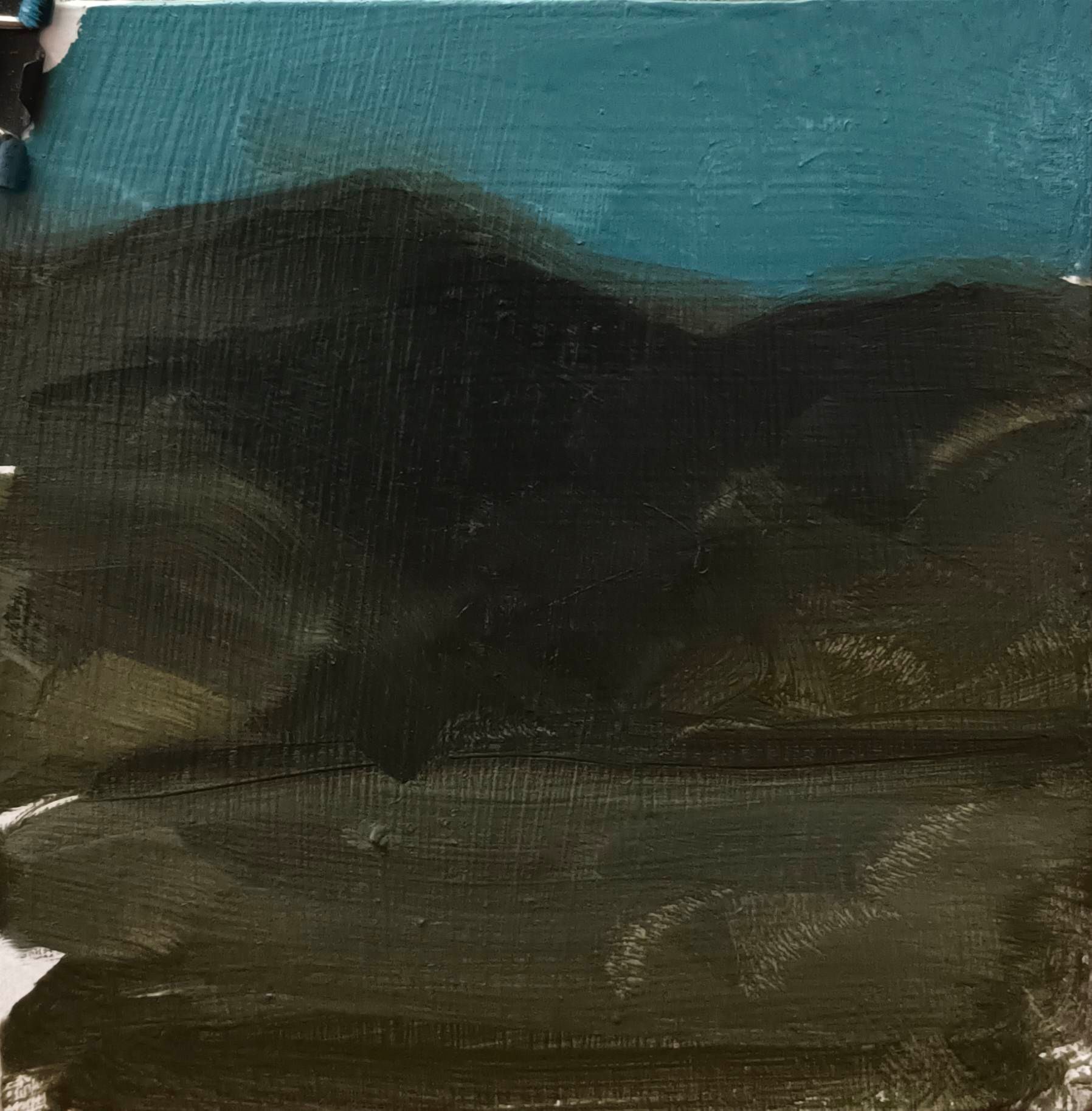 painting of green mountains and trees. oil on panel