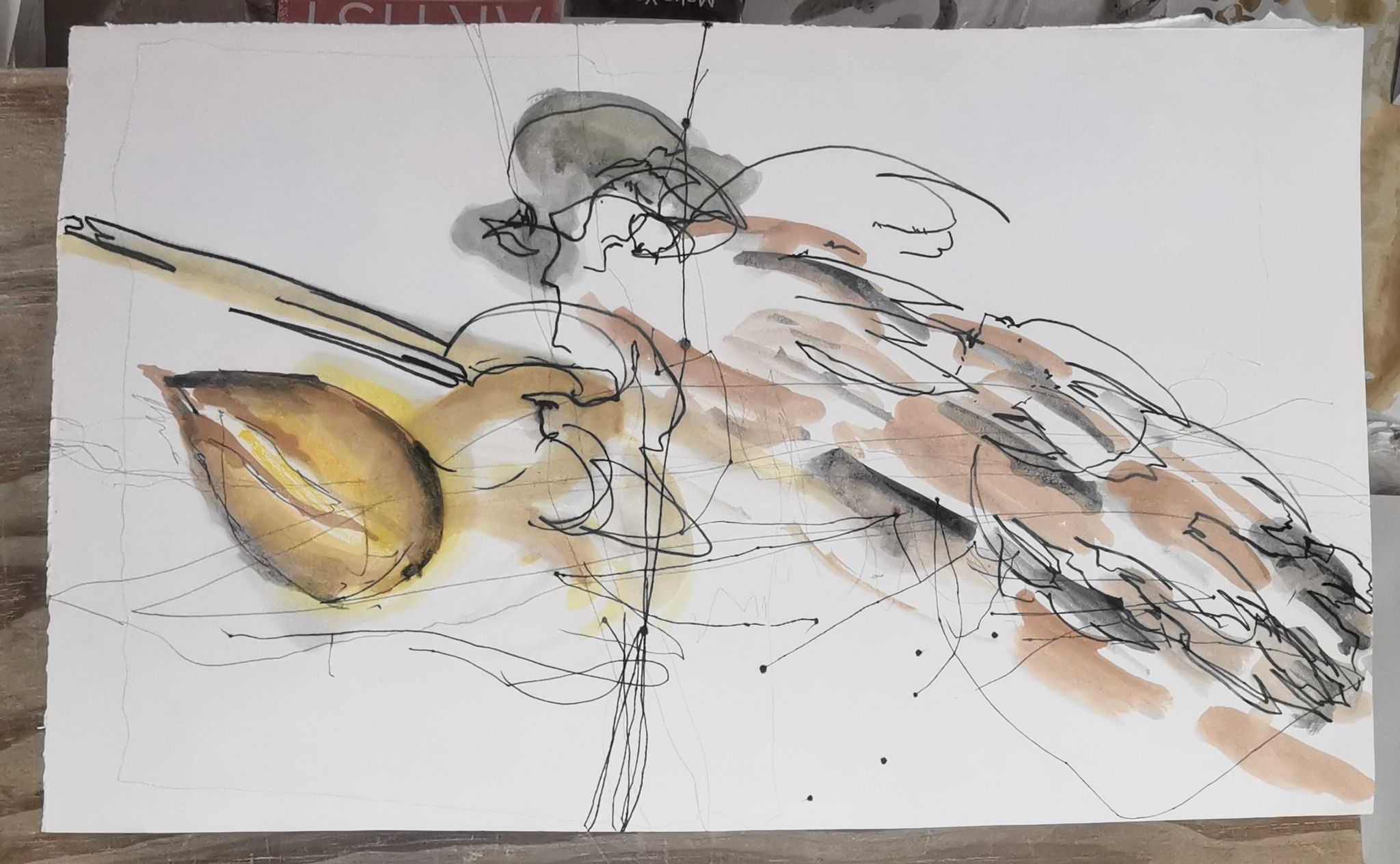 Pen and watercolour blind drawing of a self heal seedhead on paper