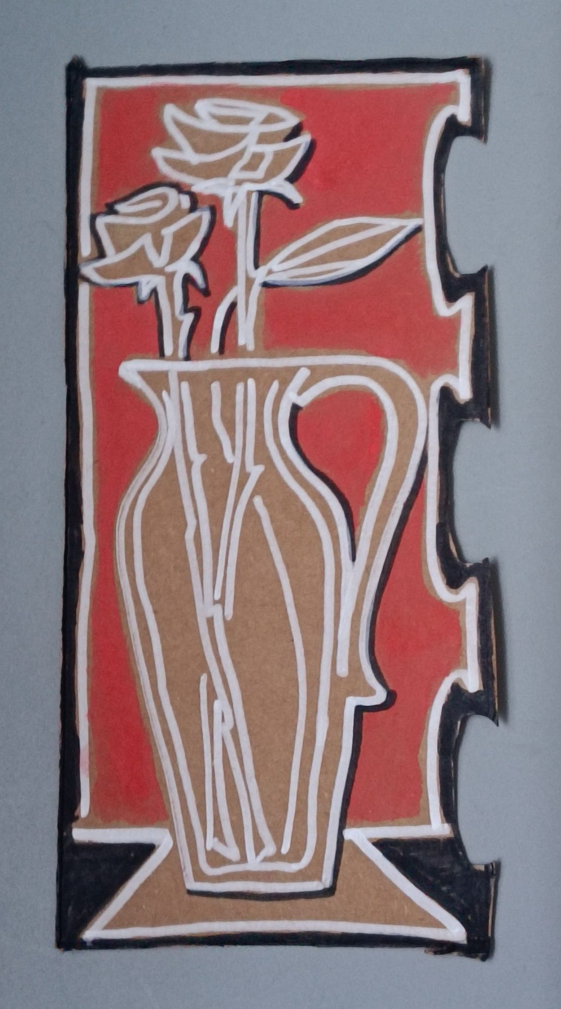 Drawing (in white, black pen & Vermilion gouache) of a rose in a vase on a red background on brown card