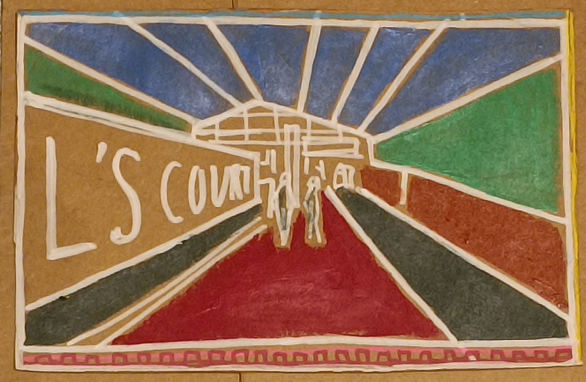 Acrylic and white pen on brown card painting of Earl's Court Station