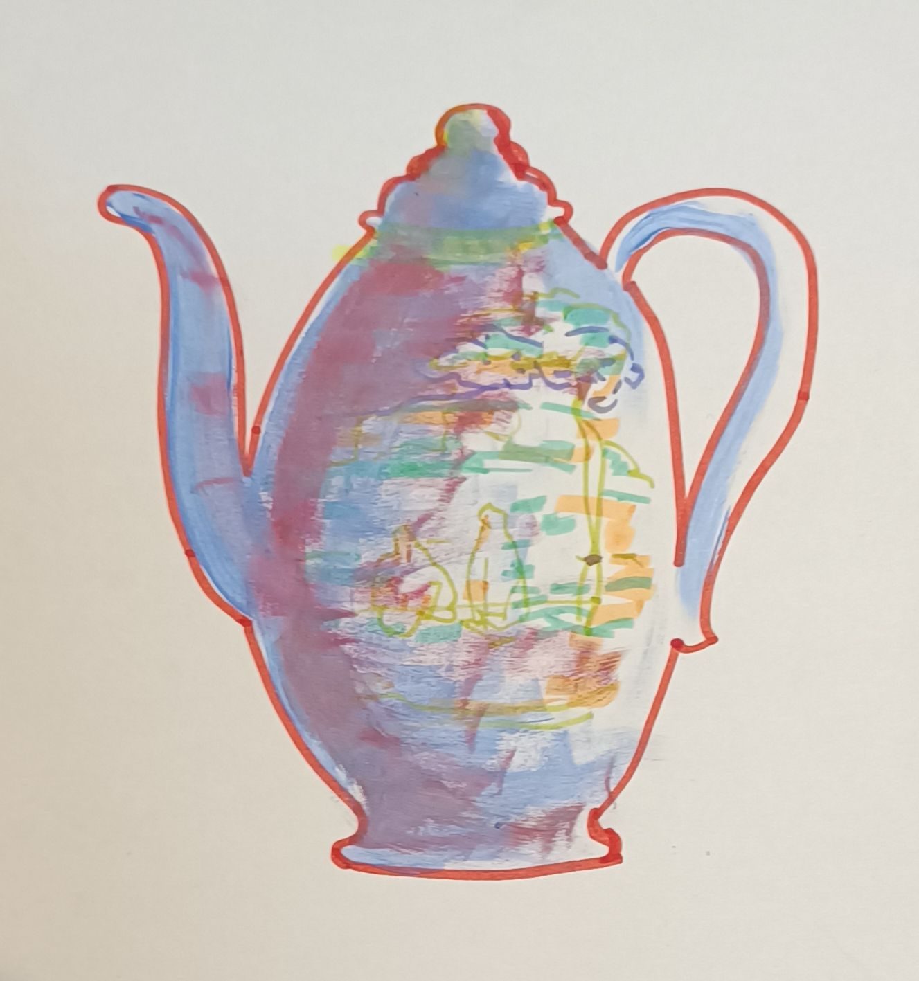Red marker, highlighter & acrylic wash drawing of a porcelain coffee pot on cream card