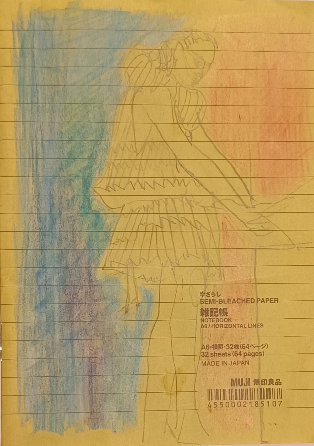 Graphite and coloured pencil on yellow lined paper drawing of a girl laying a cloth