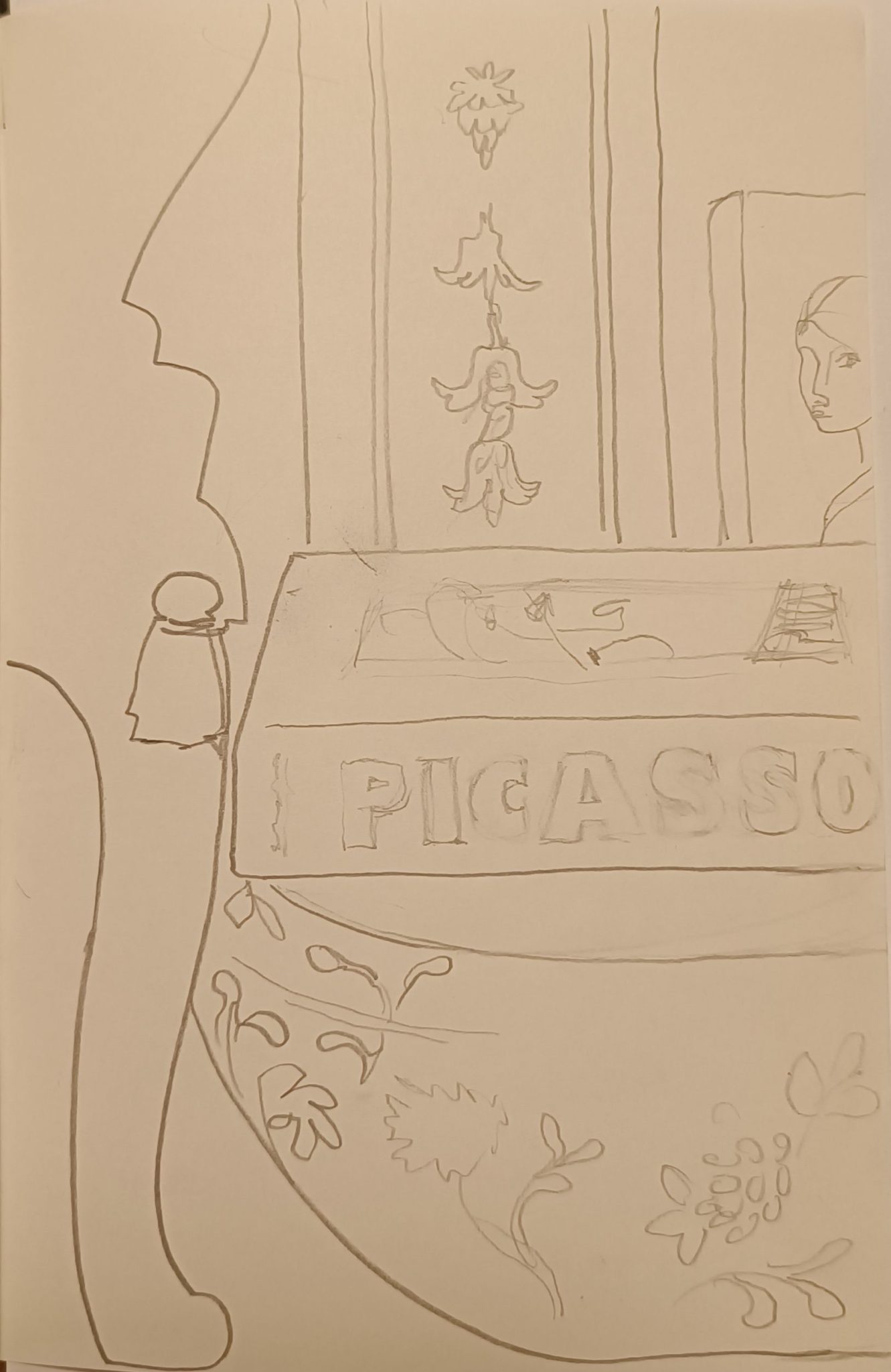 Graphite drawing on cream paper of Chinese bowl, book, chair & mirrored portrait