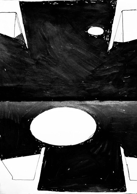 notebook drawing derived from flat black packet, 2 ovals added