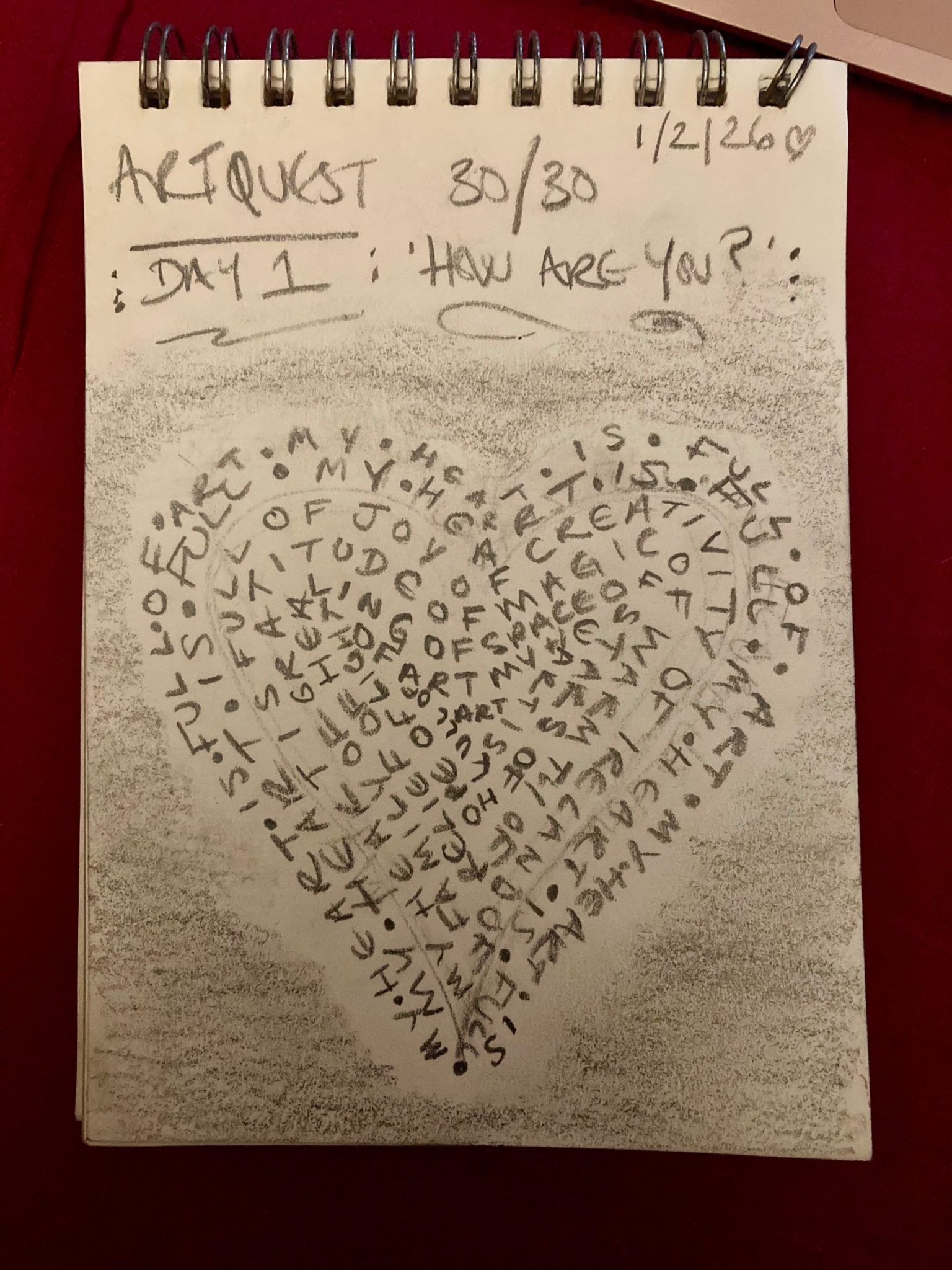 a (rough!) pencil sketch of a heart made out of words that describe how I feel today - my heart is full! Of joy, of hope, of relief, of magic, of stars, of Ireland, of art.