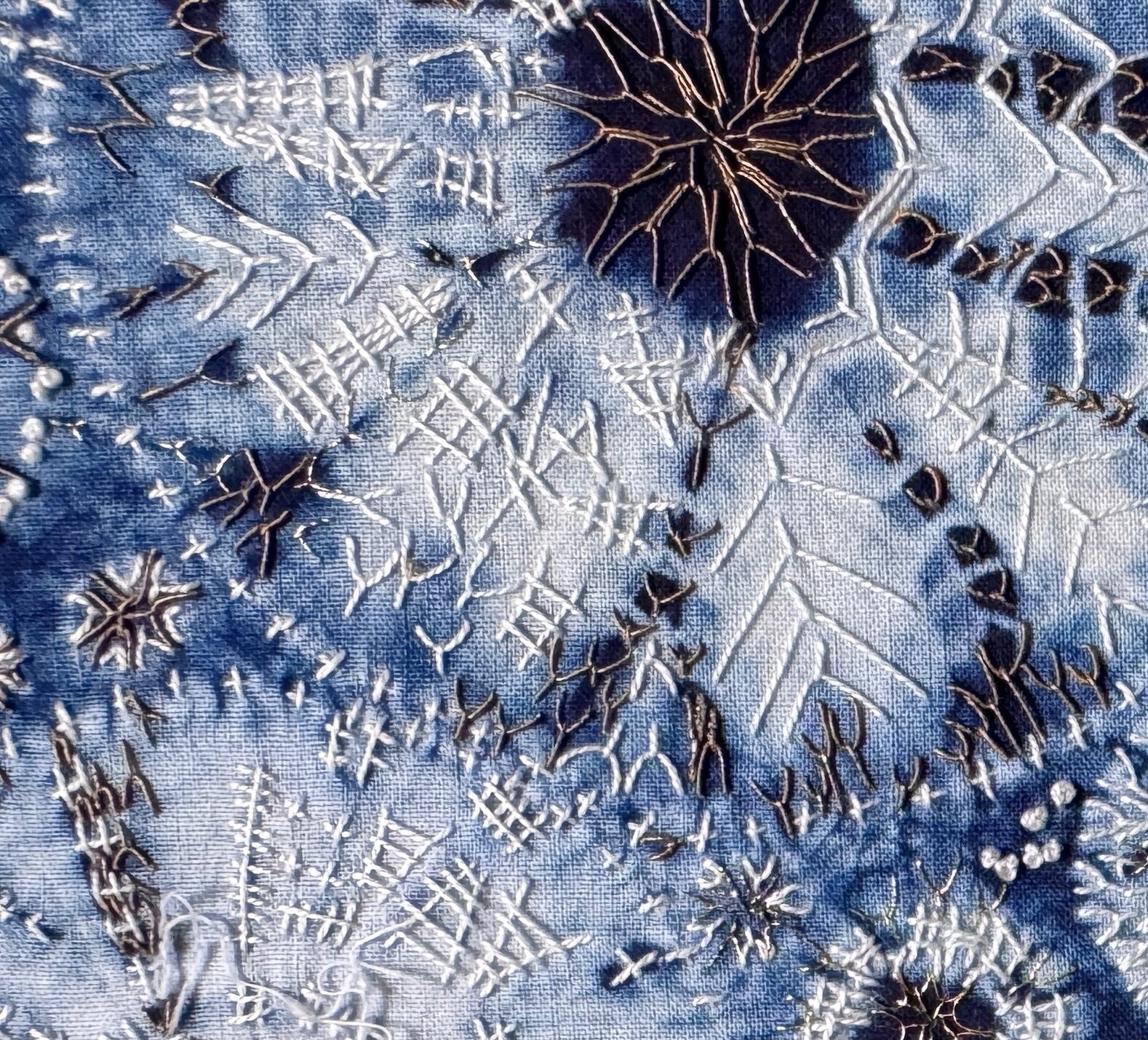 Indigo stitch resist fabric. Hand stitched.