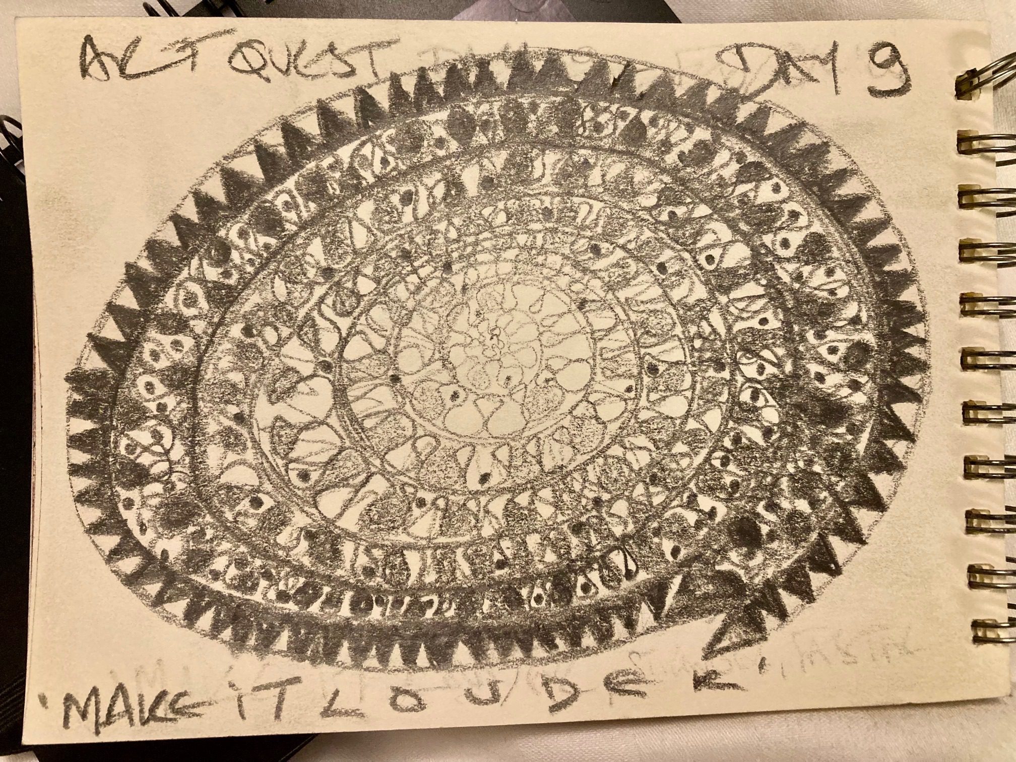 Pencil doodle of a spiral, ‘quiet’ and pale at the centre, pencil pressure and mark making increasing in intensity as it spirals outward.