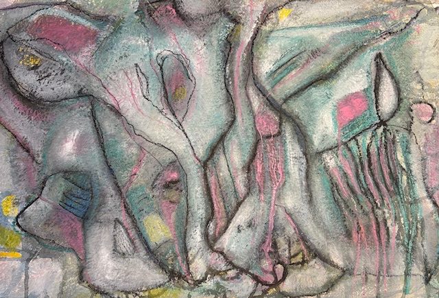 Mixed media abstract. Pinks, greens and black lines in acrylics, pencil, ink