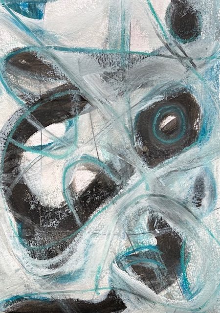 Black, blue white looping mixed media on paper