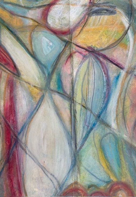 Pencil, pastel, paint in pinks, white on paper abstract