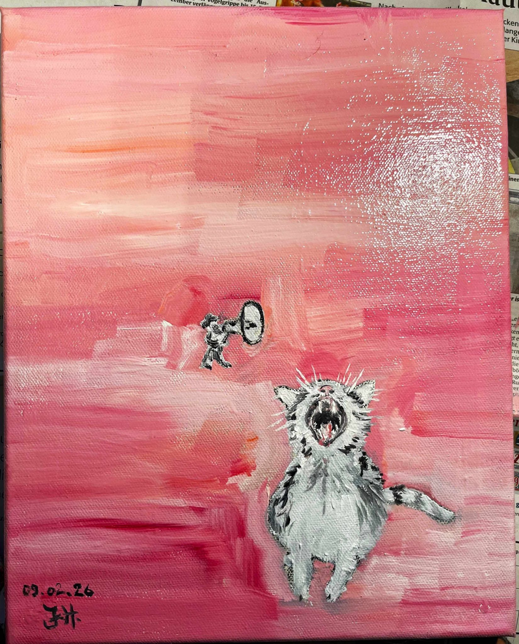 Oil on canvas; I painted the background in pink and white, in the middle of the picture is a small black-and-white figure, supposedly human, wearing a hat and holding a megaphone. At the right side of the foreground a somewhat bigger cat is opening his mouth widely allowing the observer to look right down his throat.