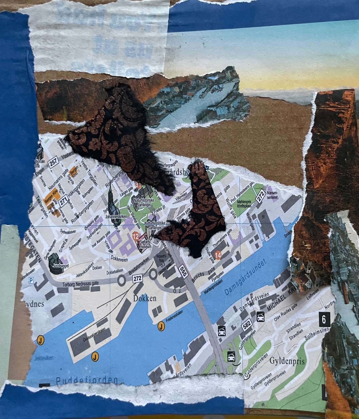 Paper collage suggesting the cold snow ice and watery environment, using tourist maps and guides from Bergen, Norway