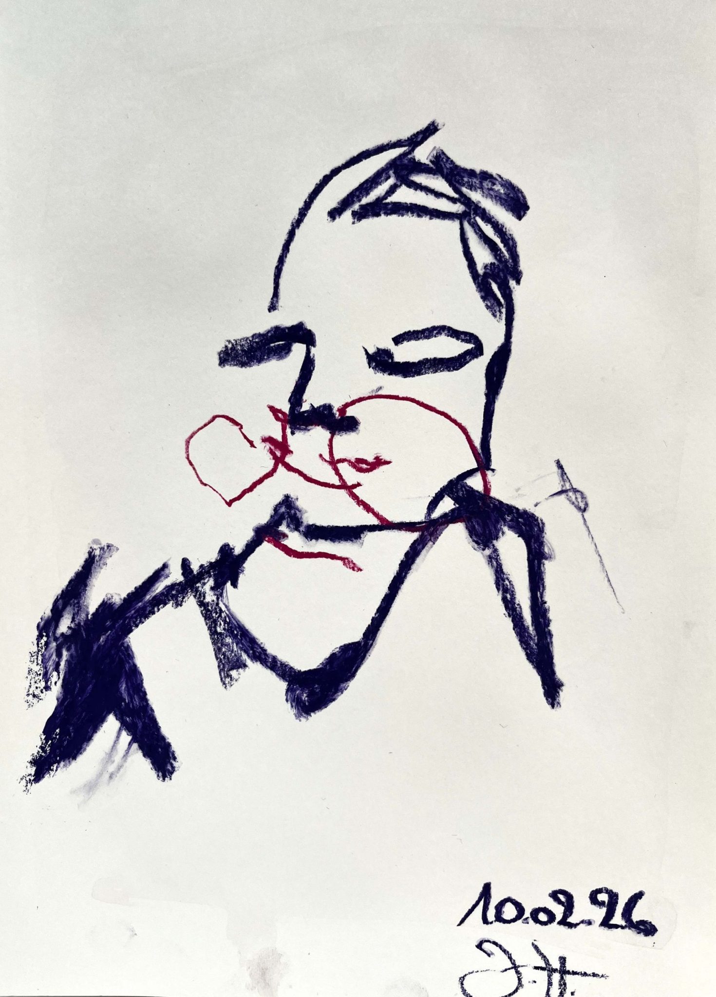 I drew the portrait of Olga with chalk pastels on a wet piece of paper, used lilac chalk for the outlines and red for the glasses and lips. Since I didn`t look at the paper while drawing, the glasses have slipped down to the skin and the portrait looks rather abstract in general.