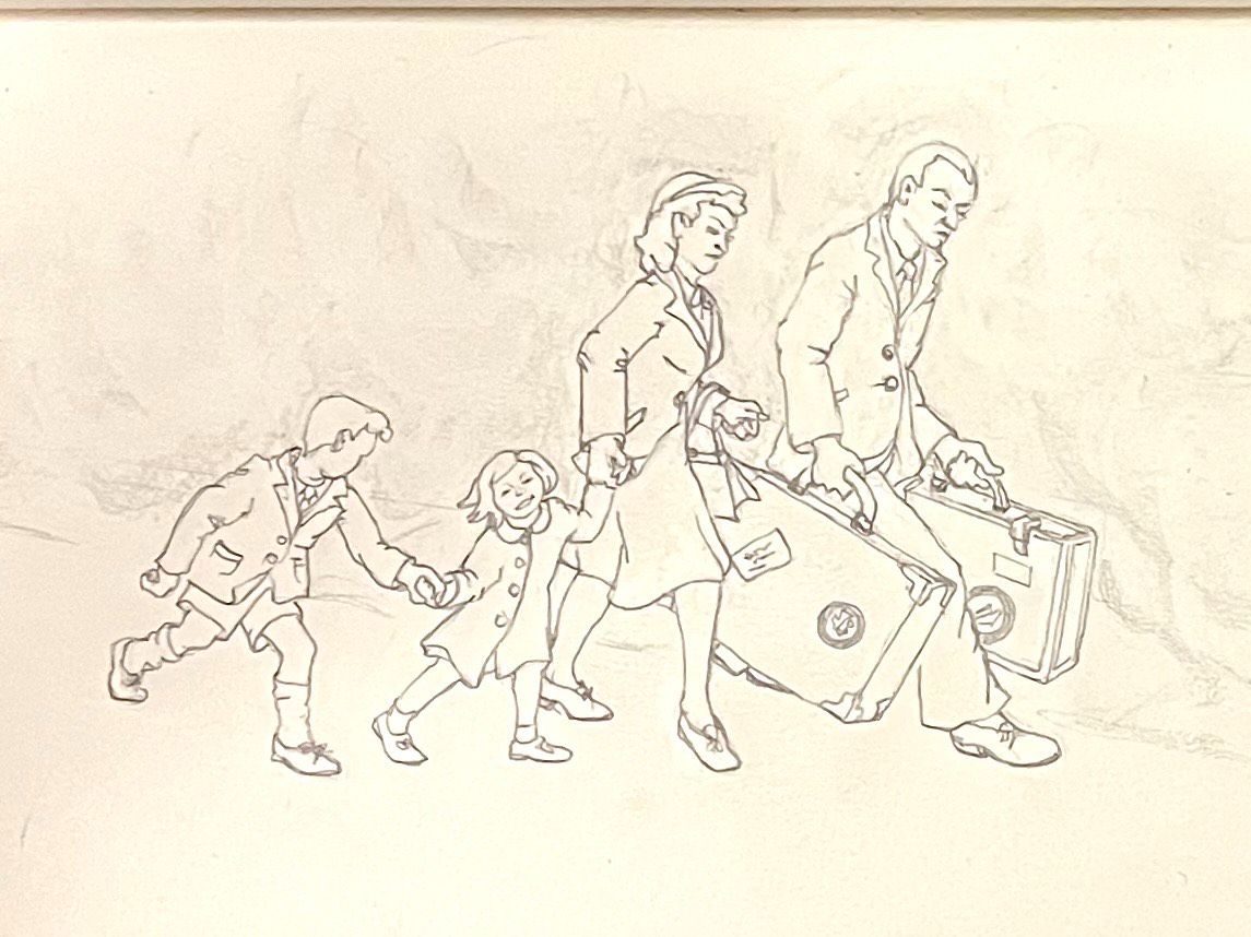 Pencil drawing of my first train journey - 1953, running with my parents and brother to catch the steam train, the Flying Scotsman.