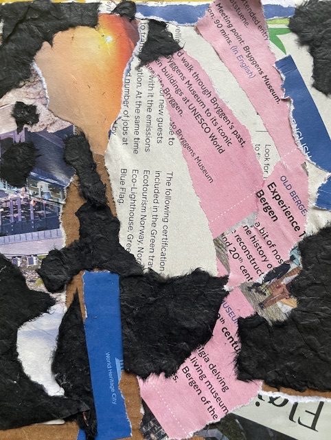 Abstract paper collage pink, white and blue newsprint from Bergen tourist guide. Black handmade paper ripped and top left an apricot sunrise