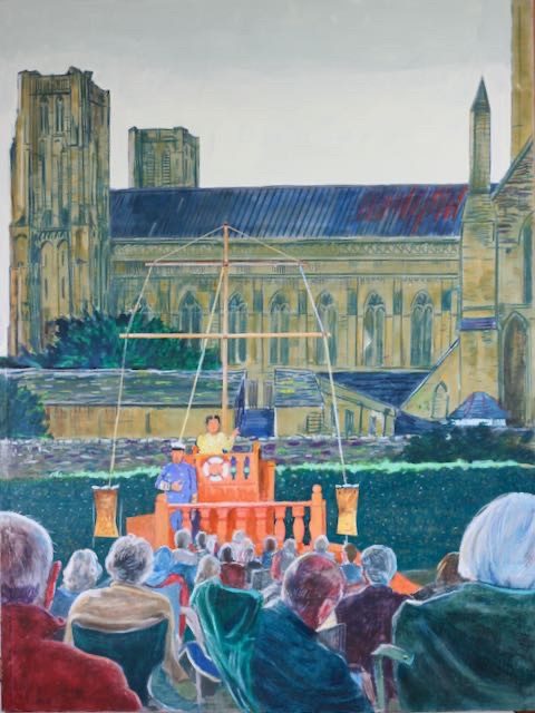 Wells cathedral with HMS Pinafore being performed in the grounds - a mixed media image of the small stage and cathedral in the background.