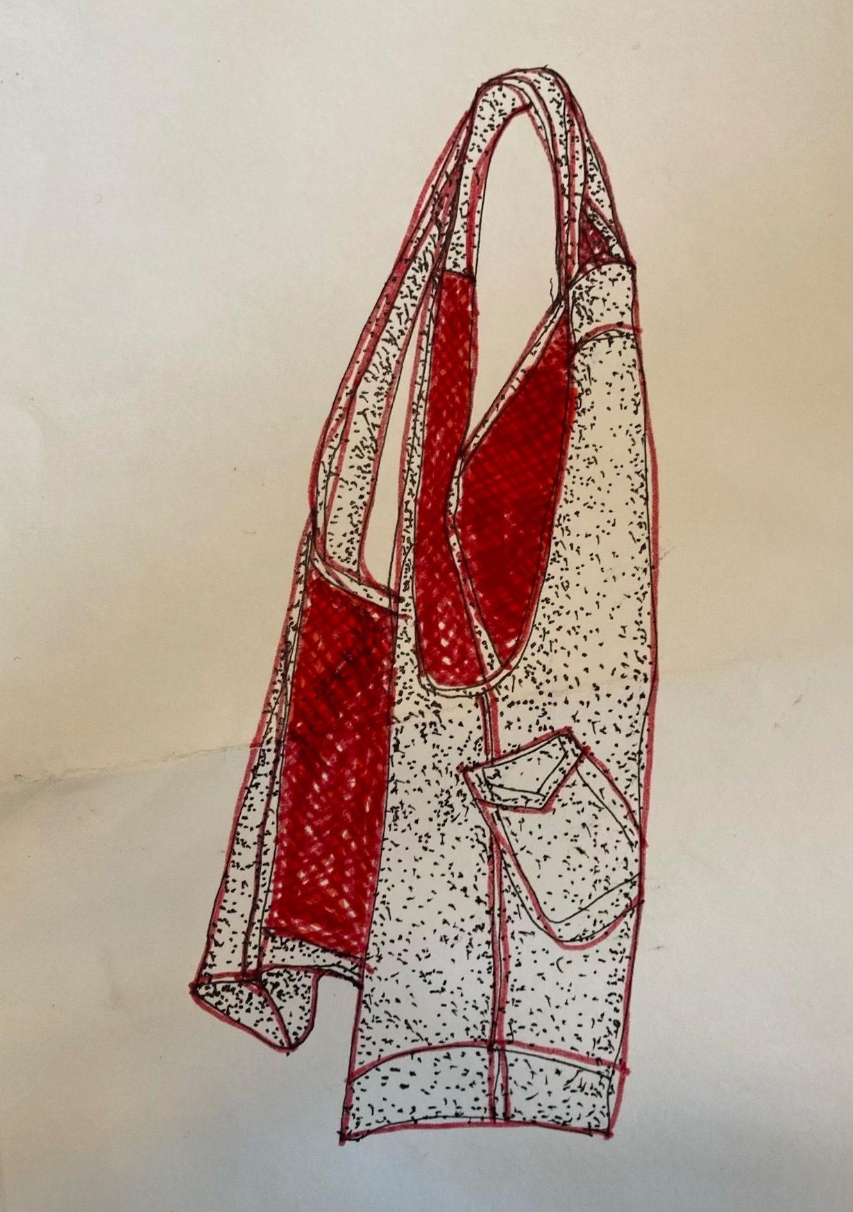 Sketch in black and red ink of apron