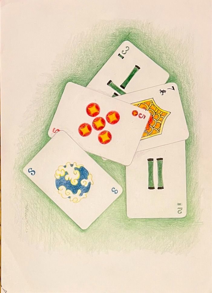 Pencil drawing of hand of Mhing card game