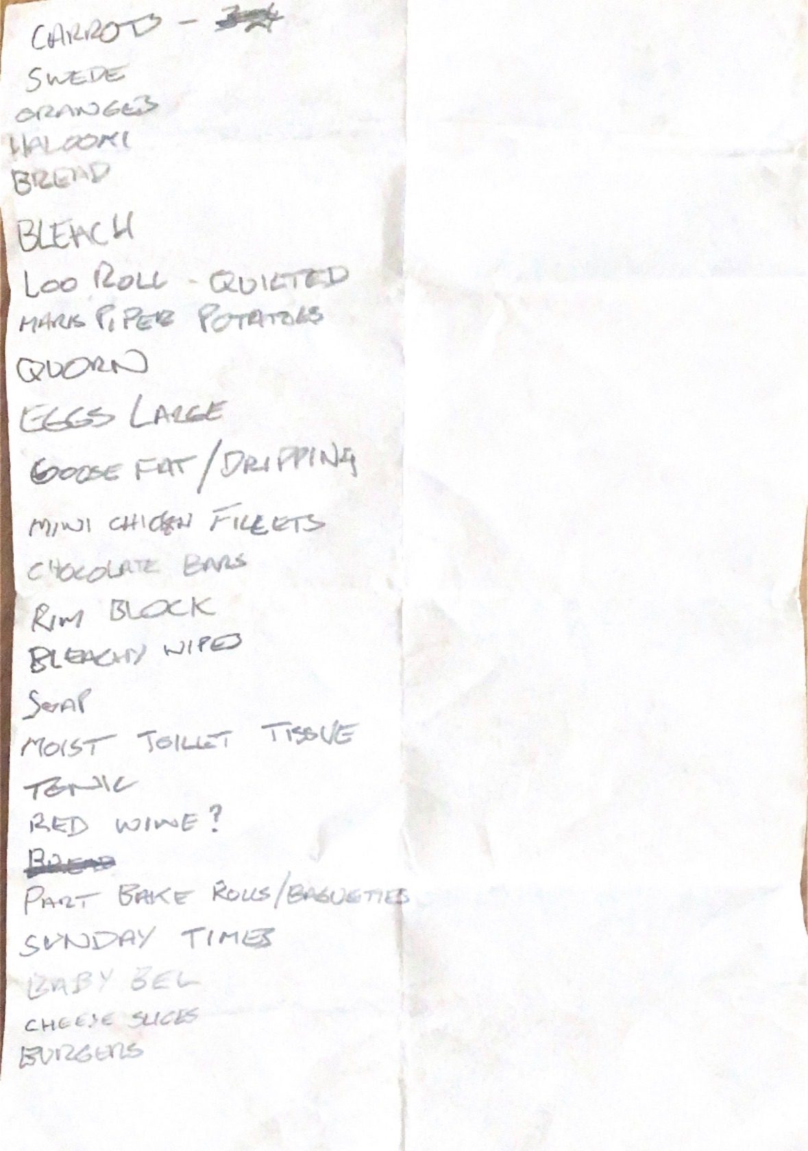 Handwritten shopping list