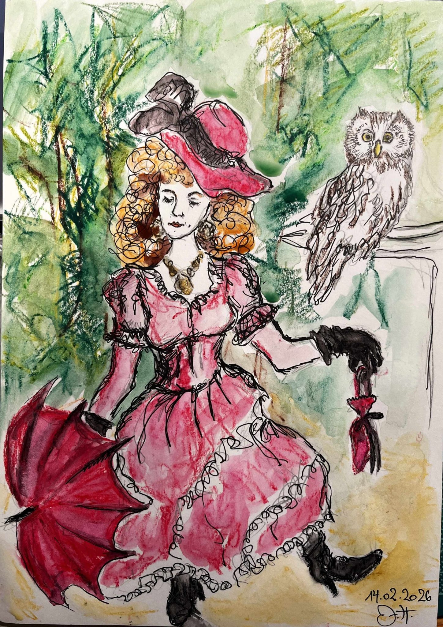 A coloured illustration (drawing and water colours), shows a wo,am with red curly hair in a red dress, is wearing a red-and black hat, black shoes, black gloves, a heavy necklace, is carrying an opened red parasol directed downwards toward the left side, and a reticule. The background is mostly green and brown, suggesting a forest; on the right side an owl is sitting on some kind of branch.