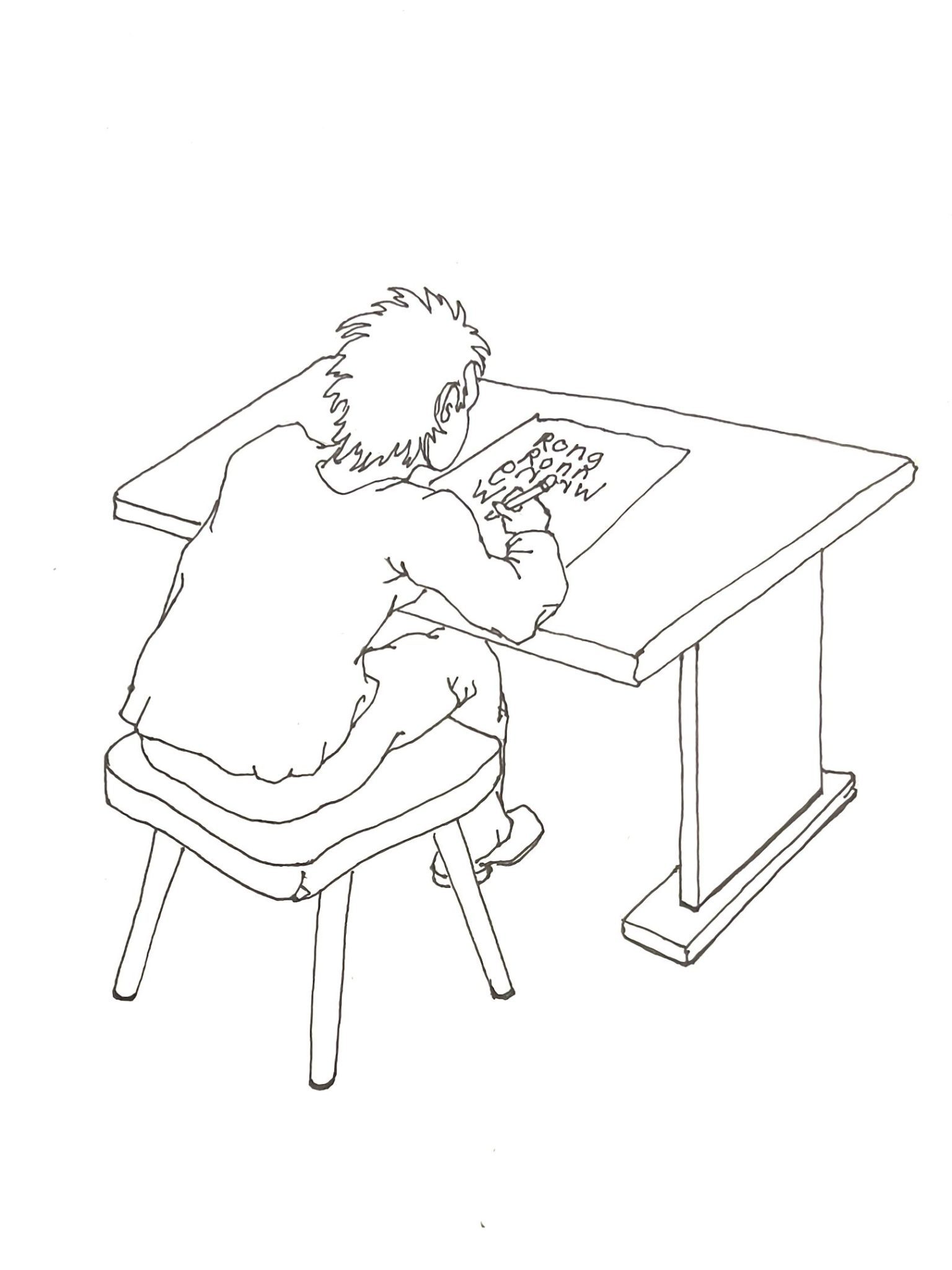 Pen line drawing of woman sitting at table writing