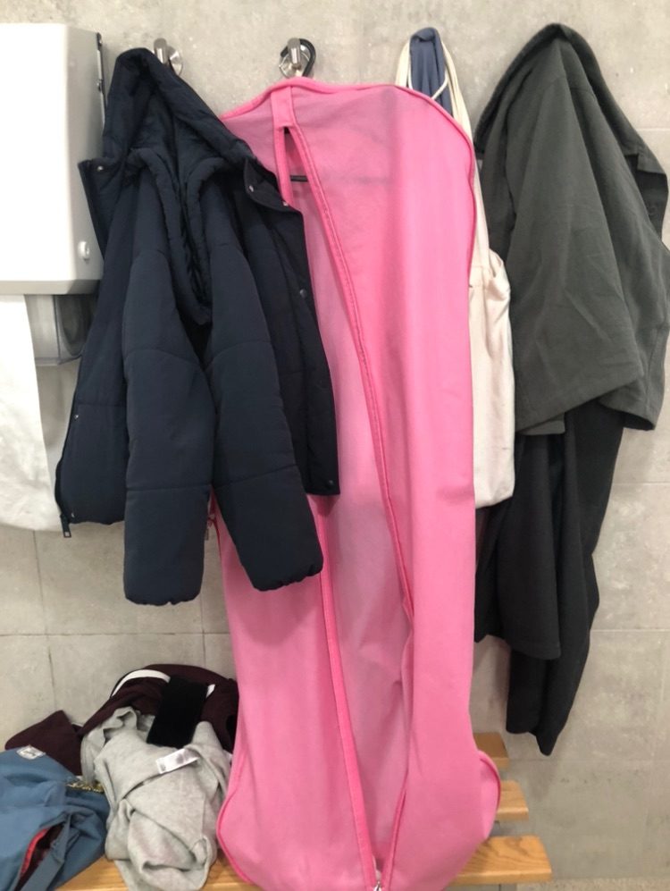 various clothing and a pink garment cover