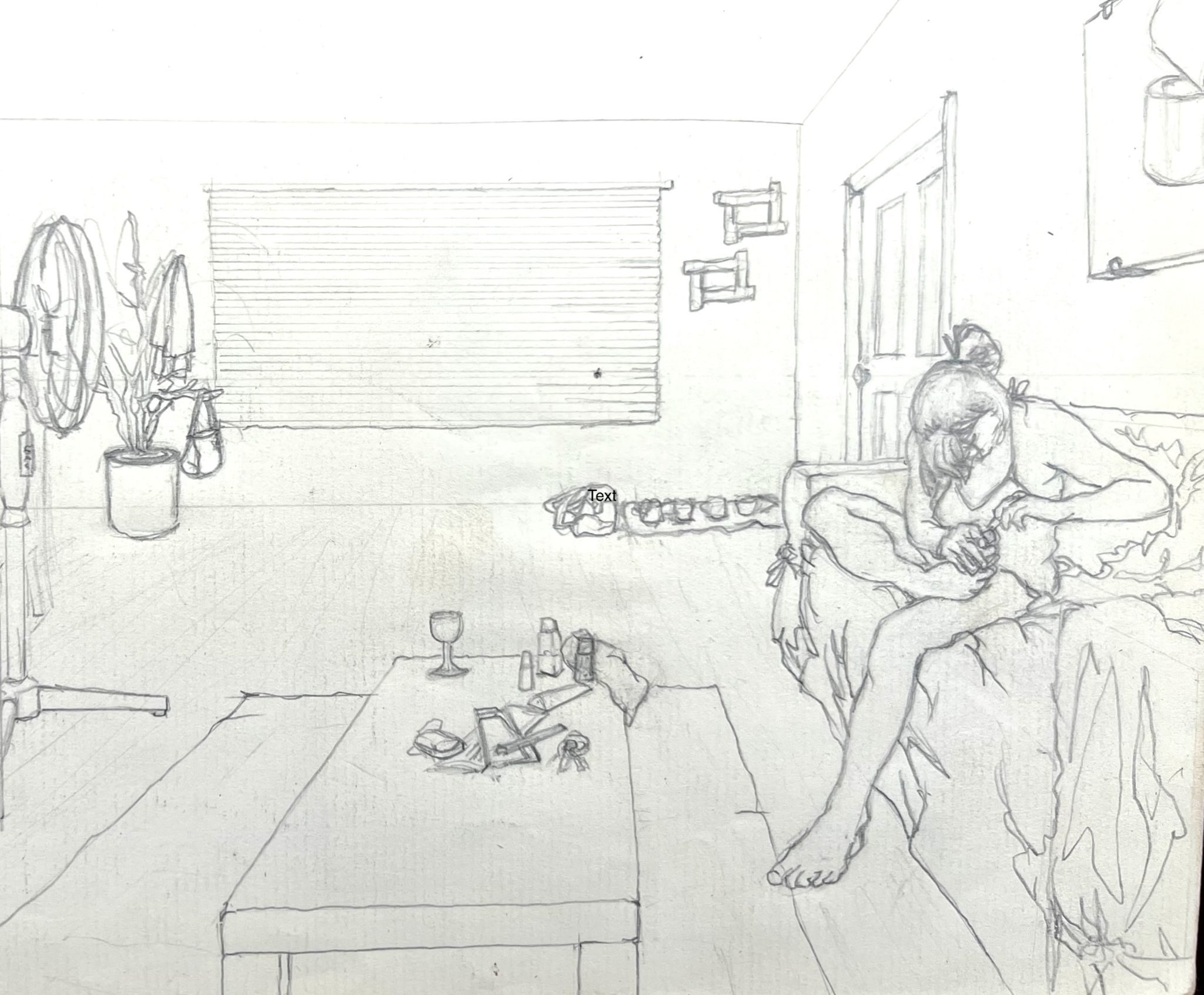 Pencil drawing of woman getting ready to paint toenails.