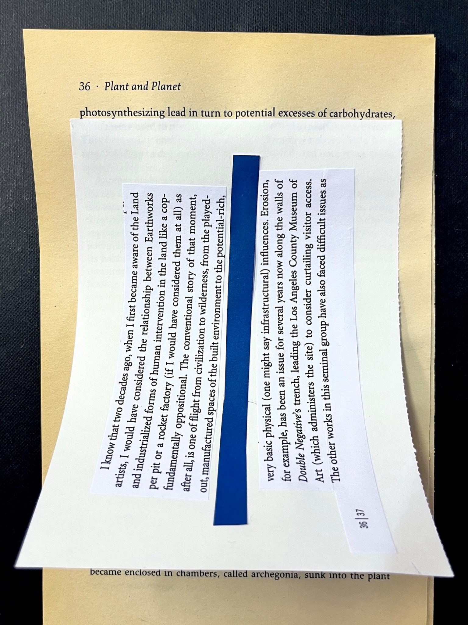 Text from p 36/37 divided with blue strip collaged onto yellowed page  of Anthony Huxley book
