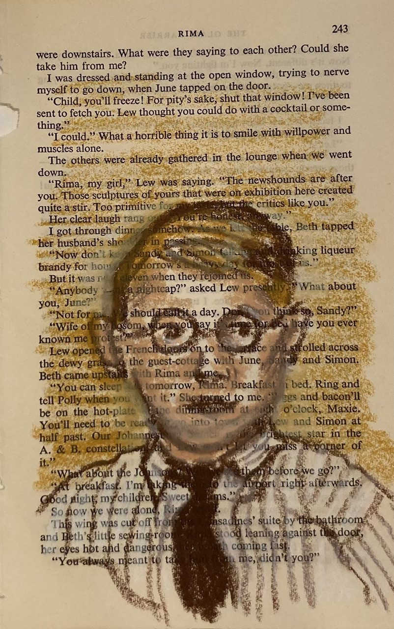 Oil pastel drawing in shades of brown on vintage book page