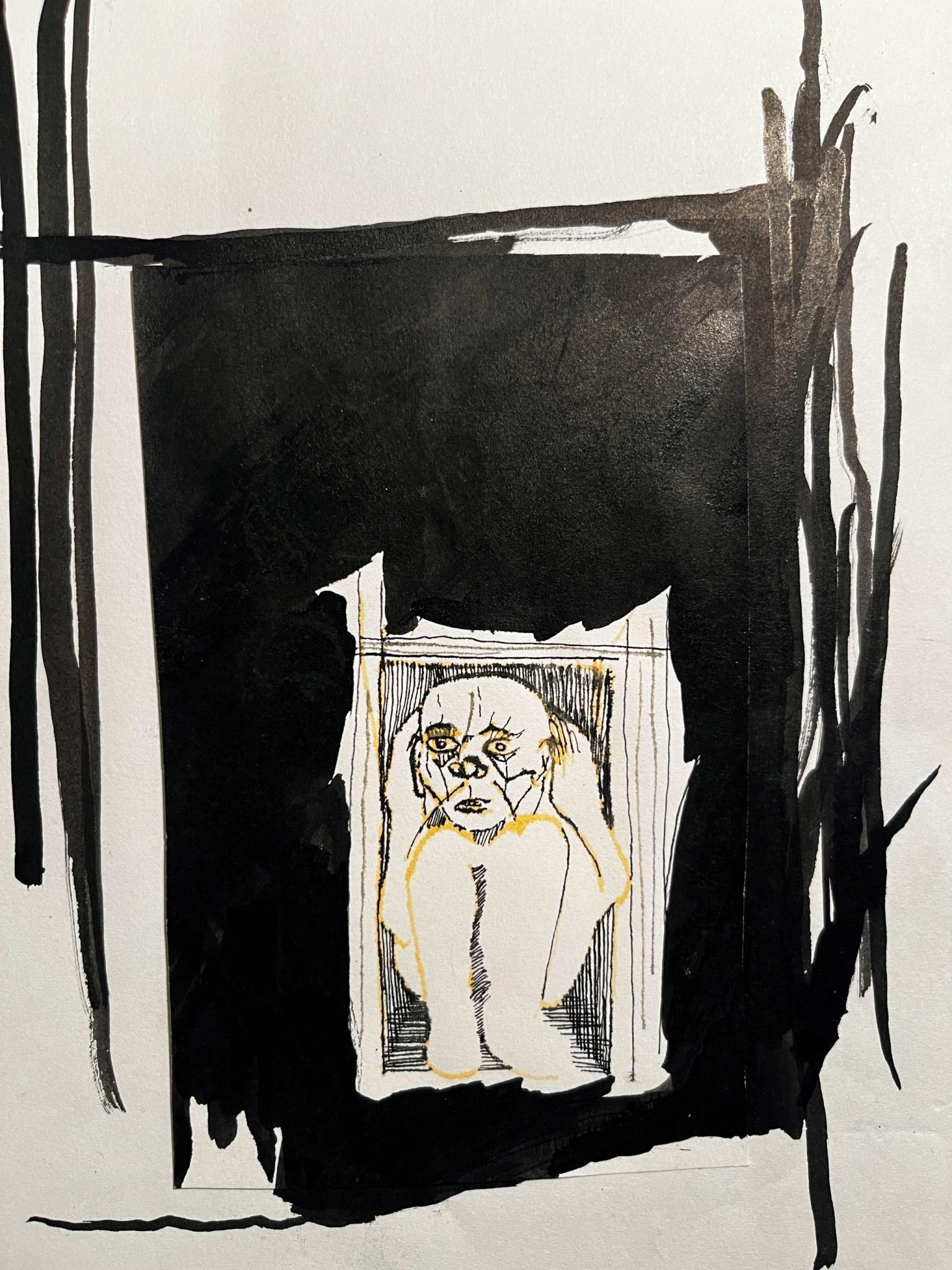Ink drawing; a person (drawn in yellow and black ink) is sitting in a kind of box, looking scared. The box is embedded in a somewhat bigger black rectangle.