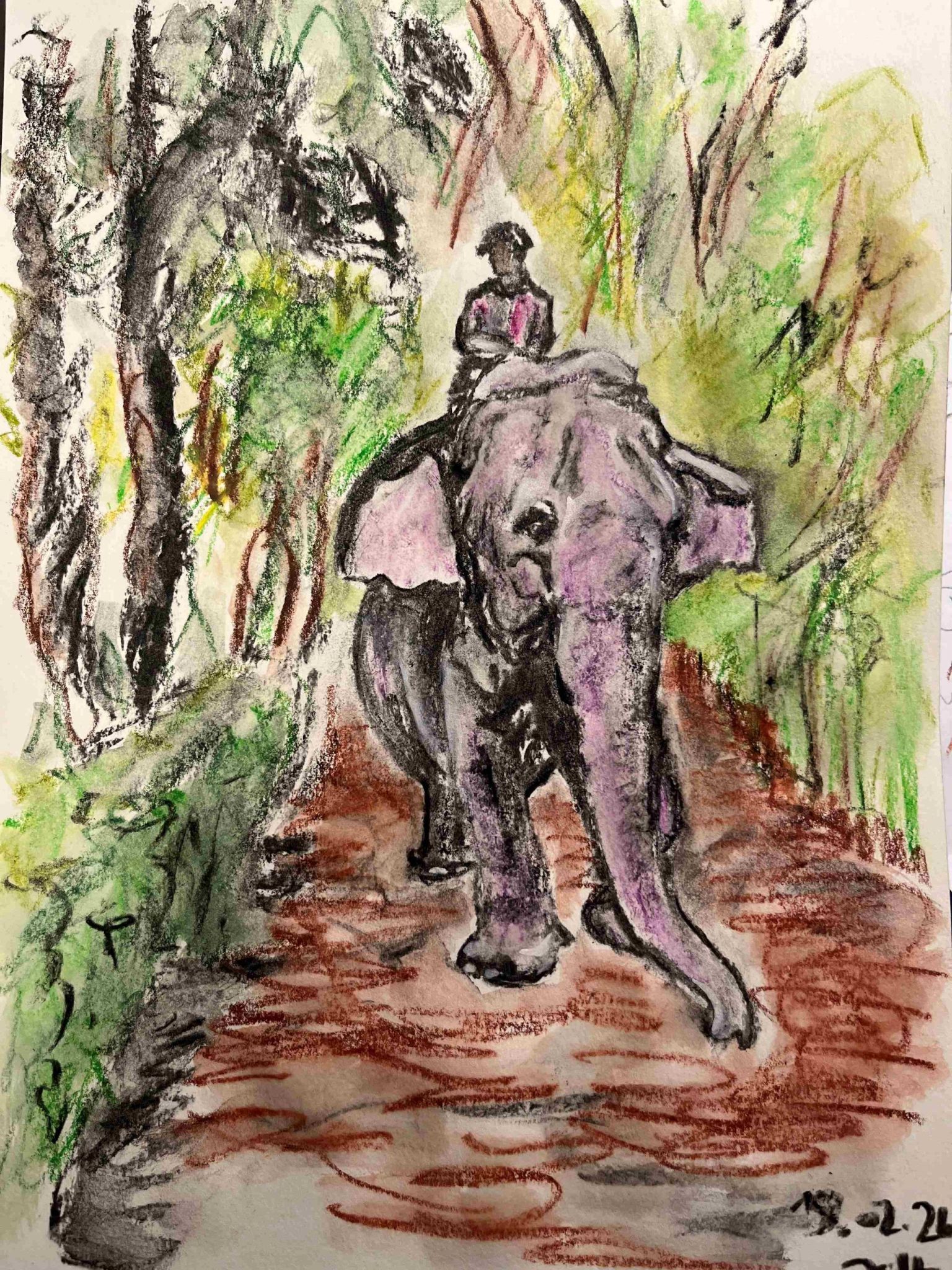 Drawing made with charcoal, water-soluble colour wax pastels and, partly, water. The picture shows a purple-pink elephant with a human rider on a forest path, surrounded with green bushes and trees.