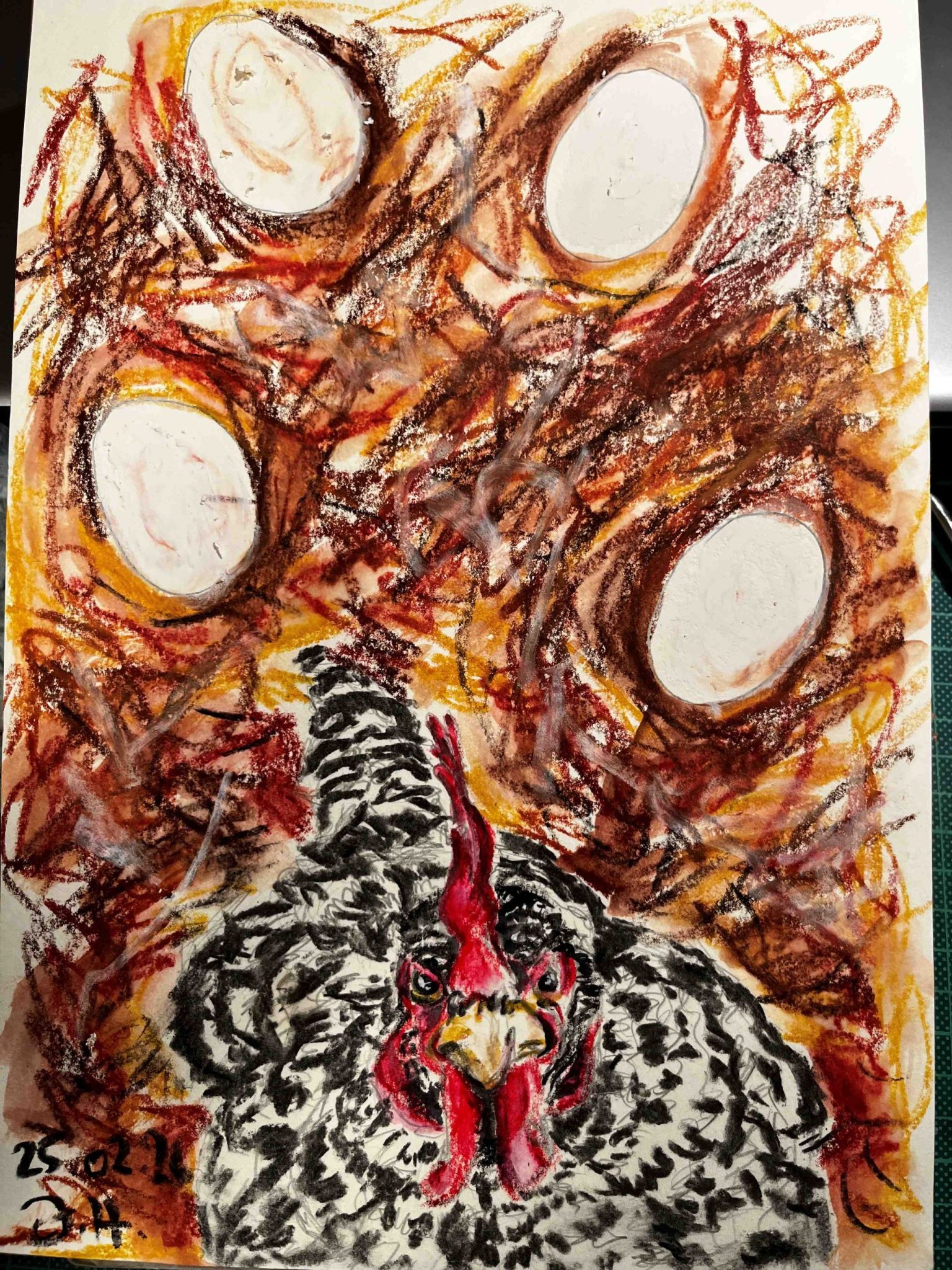 I used pencil, charcoal, water-soluble wax pastels and water colours; the picture shows a chicken nesting in the front, it is looking straight at the person who looks at the picture. The rest of the picture is painted in brown colours, suggesting a nest, and there are four big white eggs clearly visible - lying behind the chicken, or dancing around the chicken.