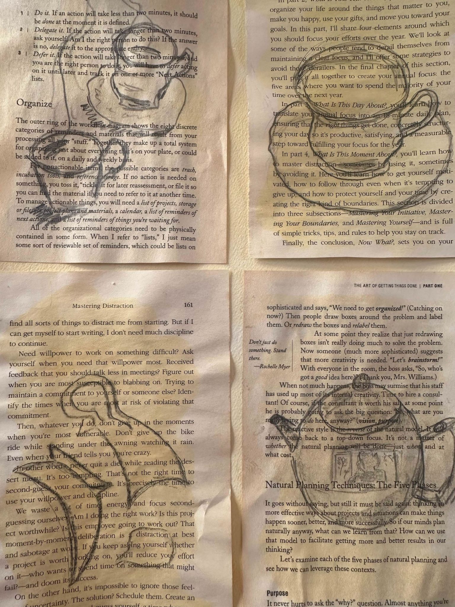 Tea cups, teapot and broken cup drawn in pencil on torn out pages from books on how to be more efficient.