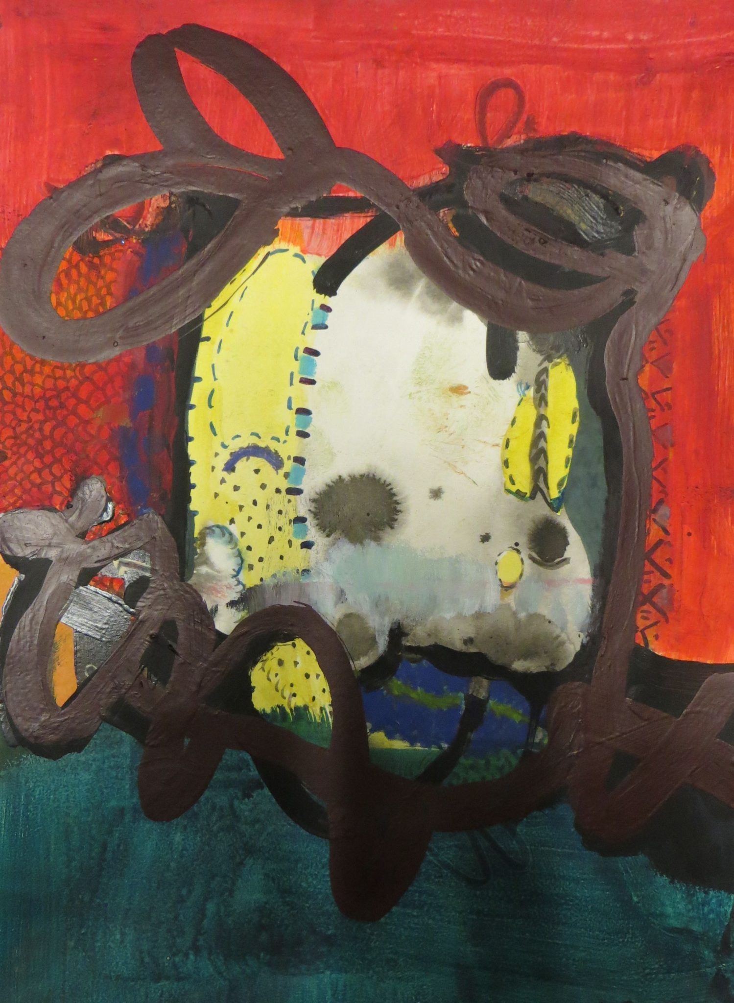 Ink, acrylic on paper - an intuitive drawing but a face like shape formed in the centre area surrounded red and green colours/top and bottom. based