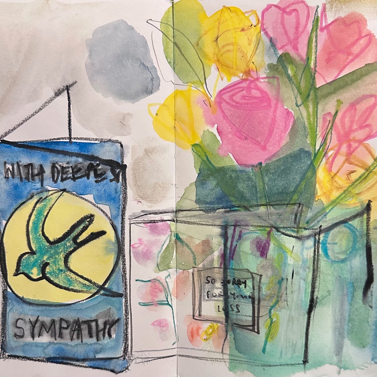 Mixed media on paper vase of roses and sympathy cards