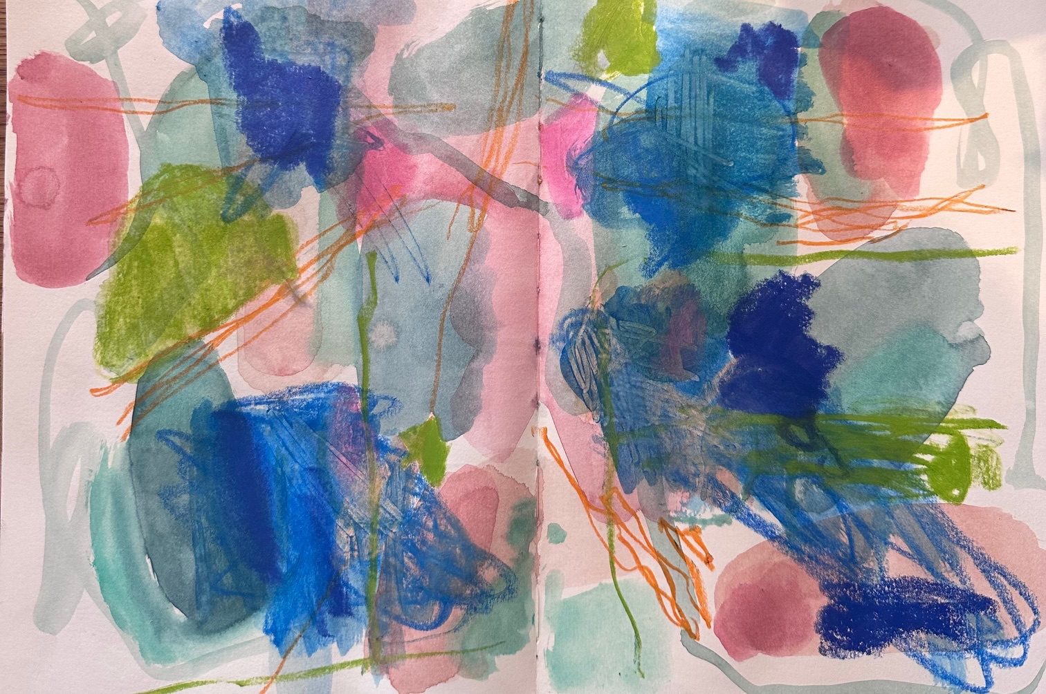 Japanese watercolour and water soluble coloured pencil abstract shapes and line work in blues, greens and pinks